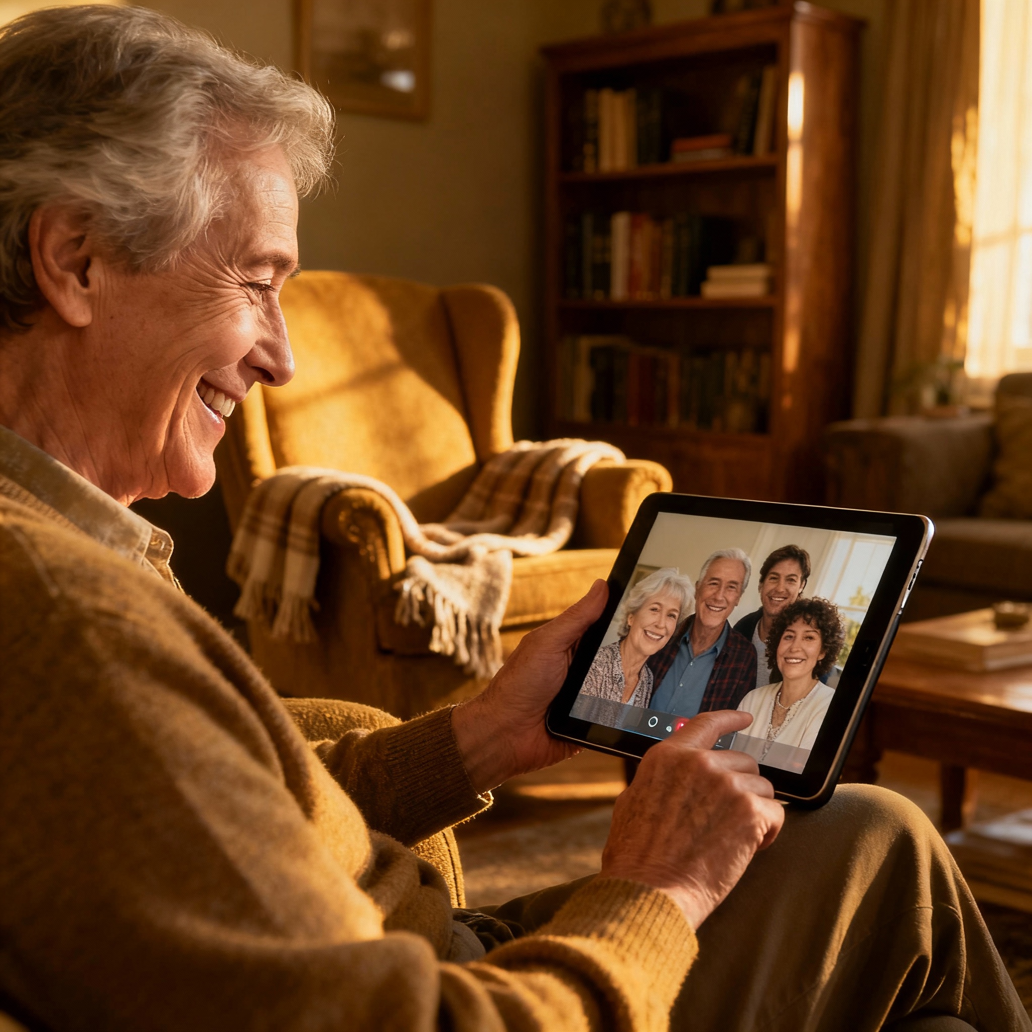 abuelo realiza videollamada con una tablet