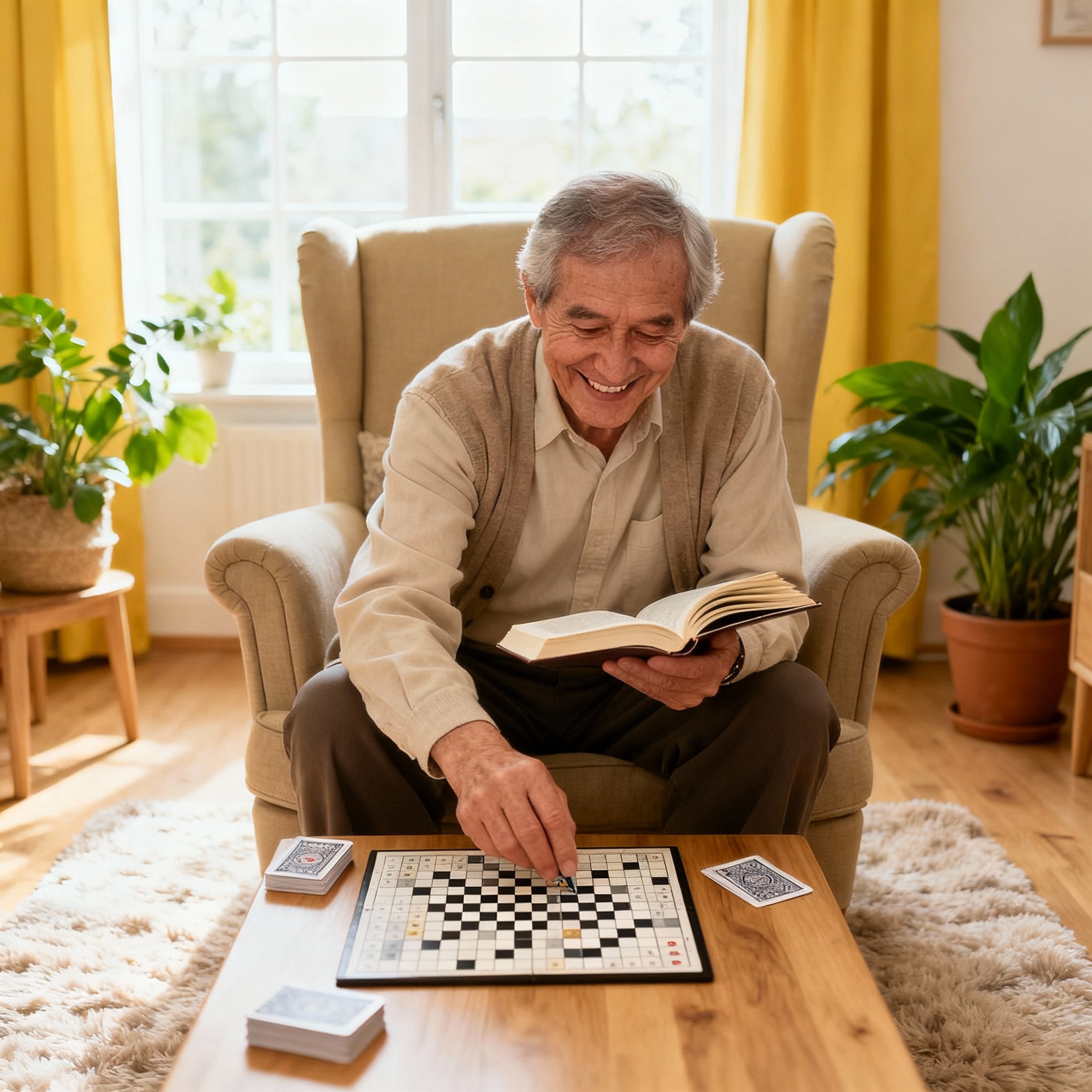 hombre mayor con un juego de mesa en su salon