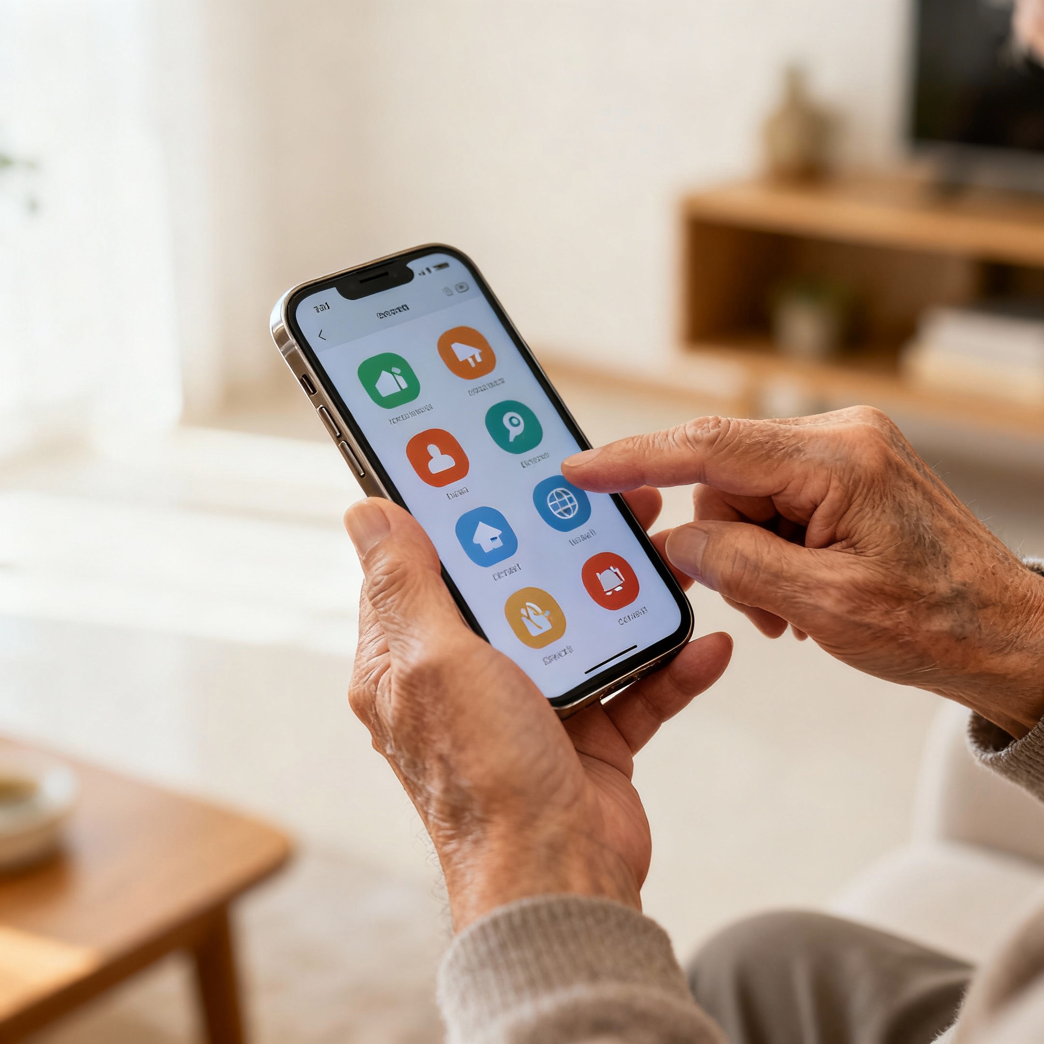 persona mayor maneja móvil con iconos grandes