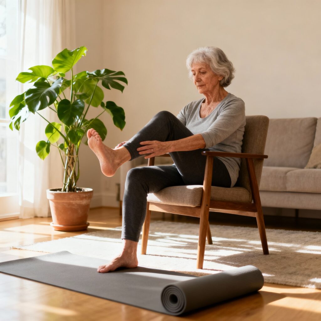 Una mujer sentada en una silla, se estira a tocar su pie