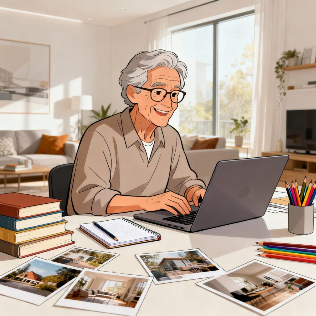 Persona mayor escribiendo en laptop