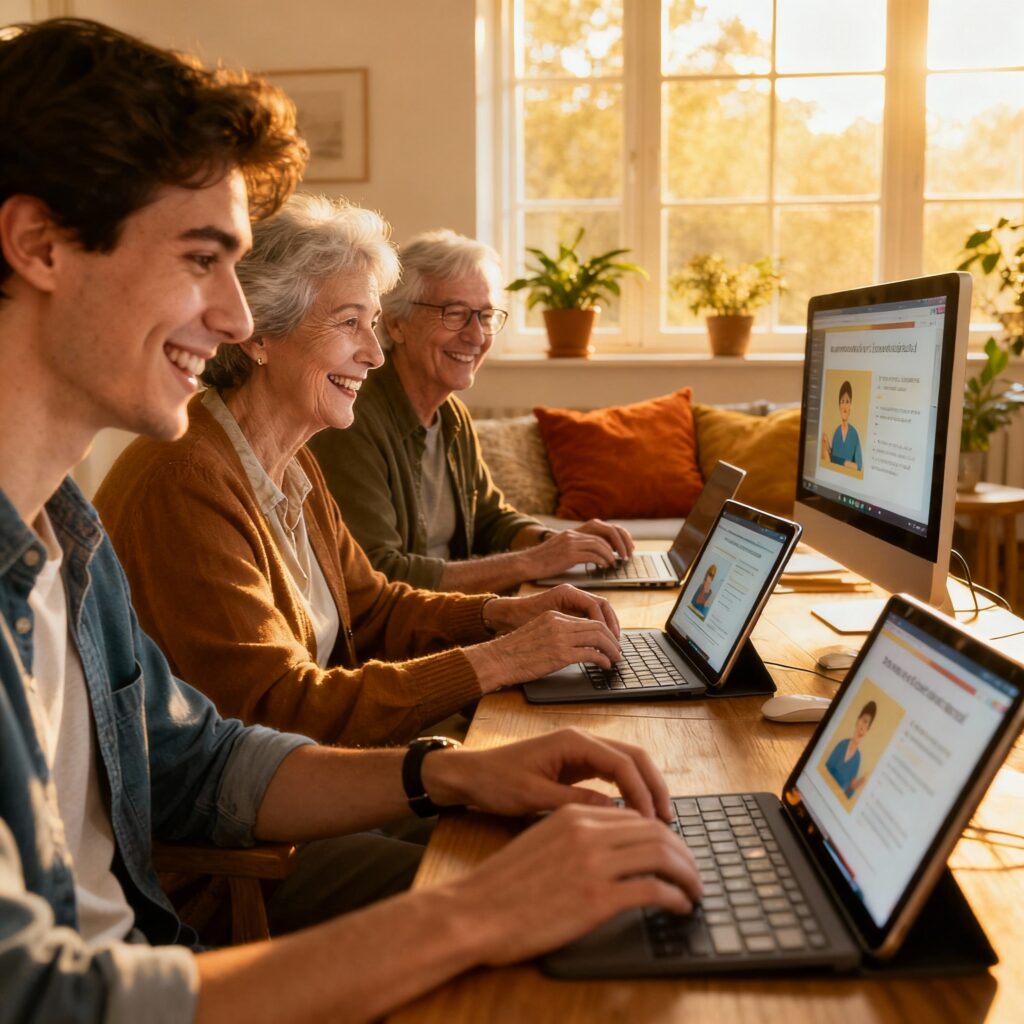 3 adultos realizan un curso digital en 3 ordenadores