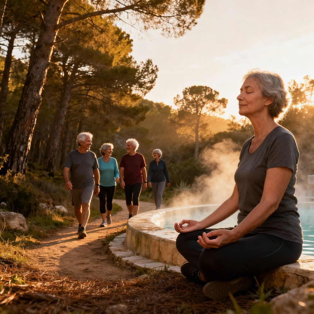 mujer mayor medita en entorno natural