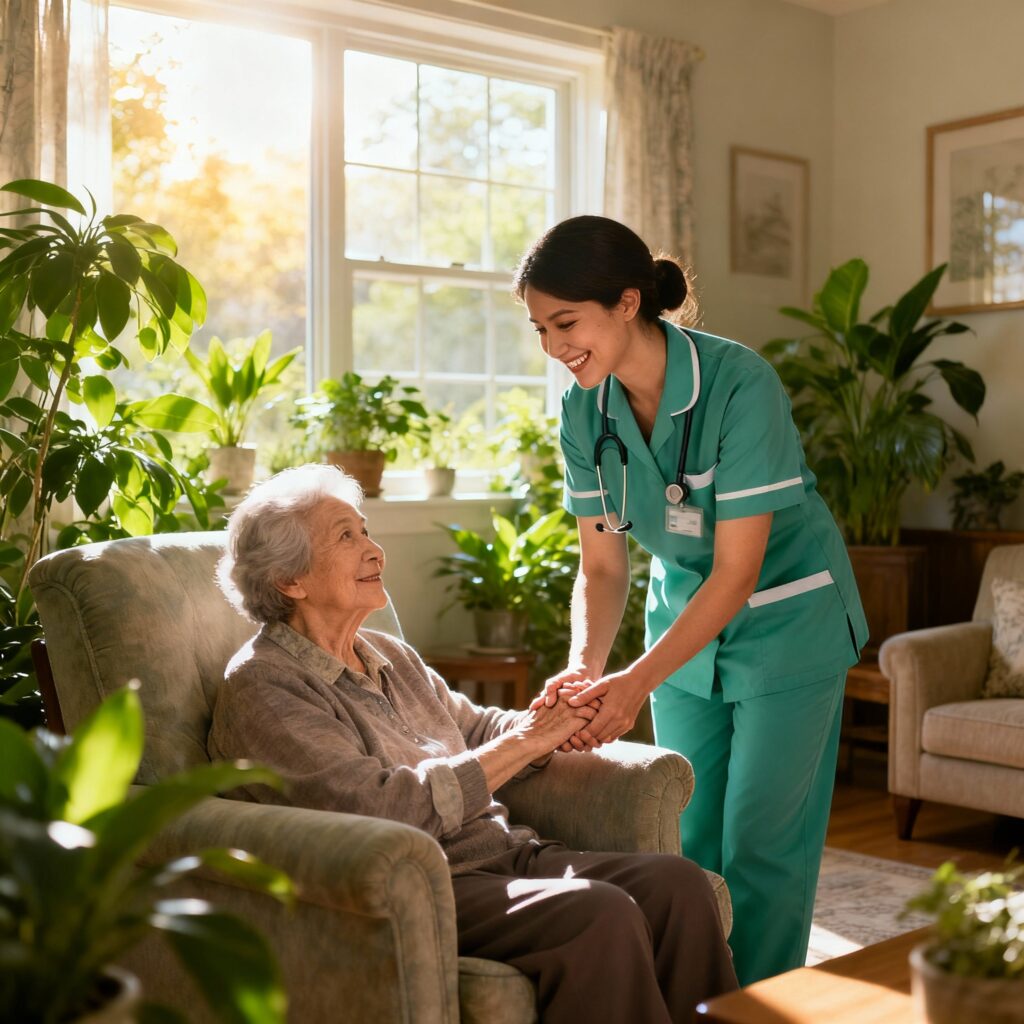 cuidadora ayuda a anciana a sentarse en un sillón