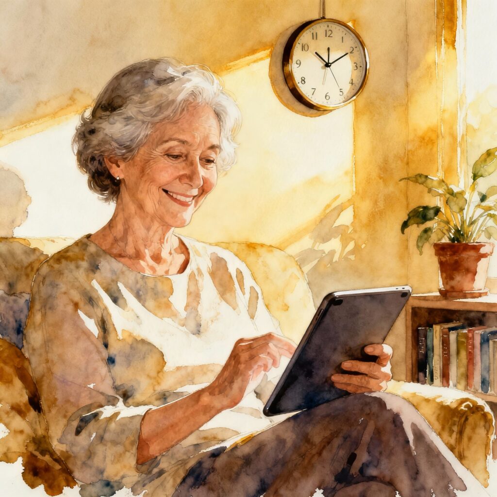 mujer mayor disfruta con la experiencia digital en tablet