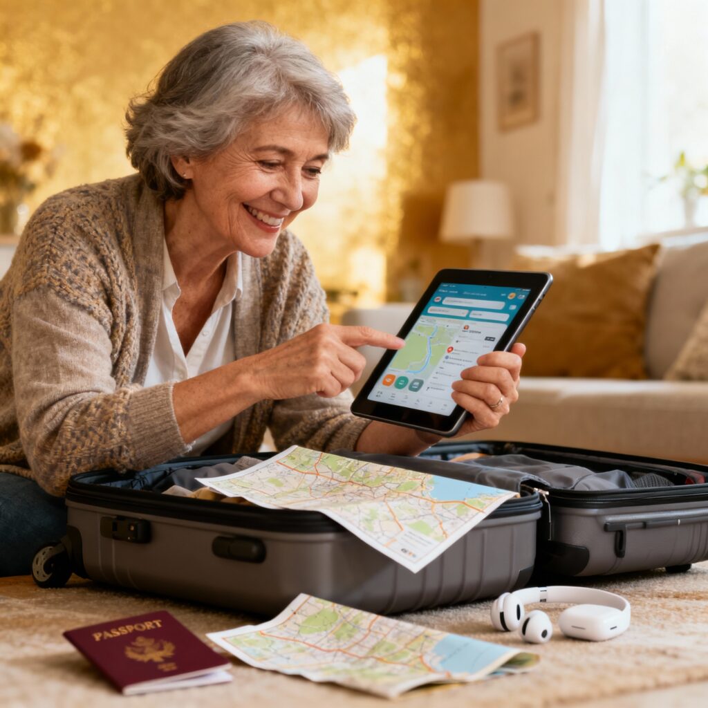 mujer explora con su tablet opciones para su viaje