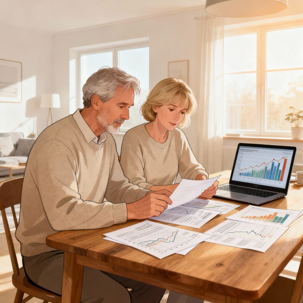 pareja de mayores revisan sus inversiones juntos