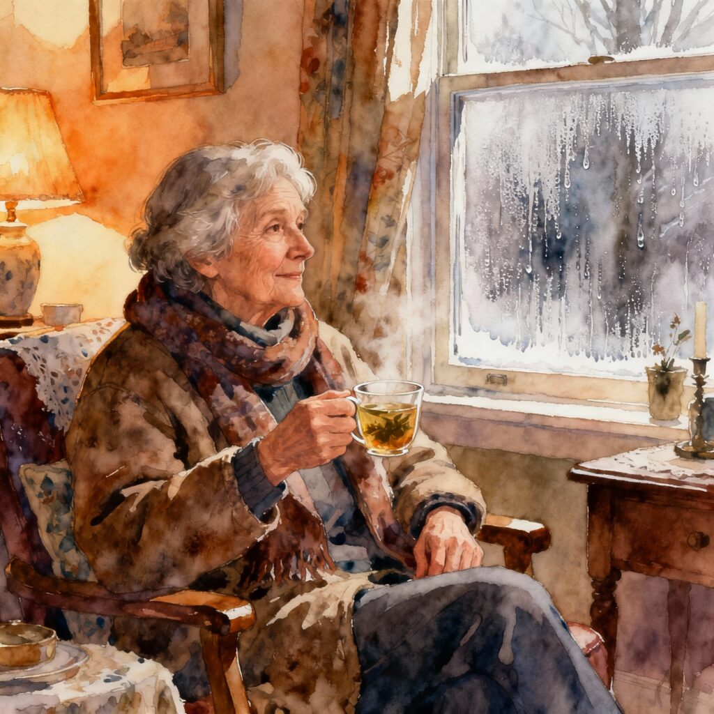 Persona mayor abrigada tomando infusión en casa